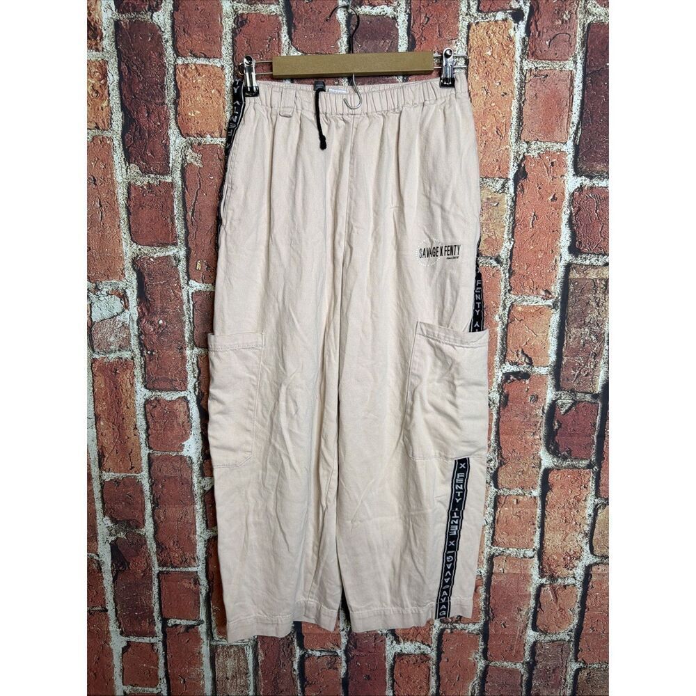 Savage X Fenty Beige Cargo Pants Size S Elastic Waist Logo Tape Casual Lounge
